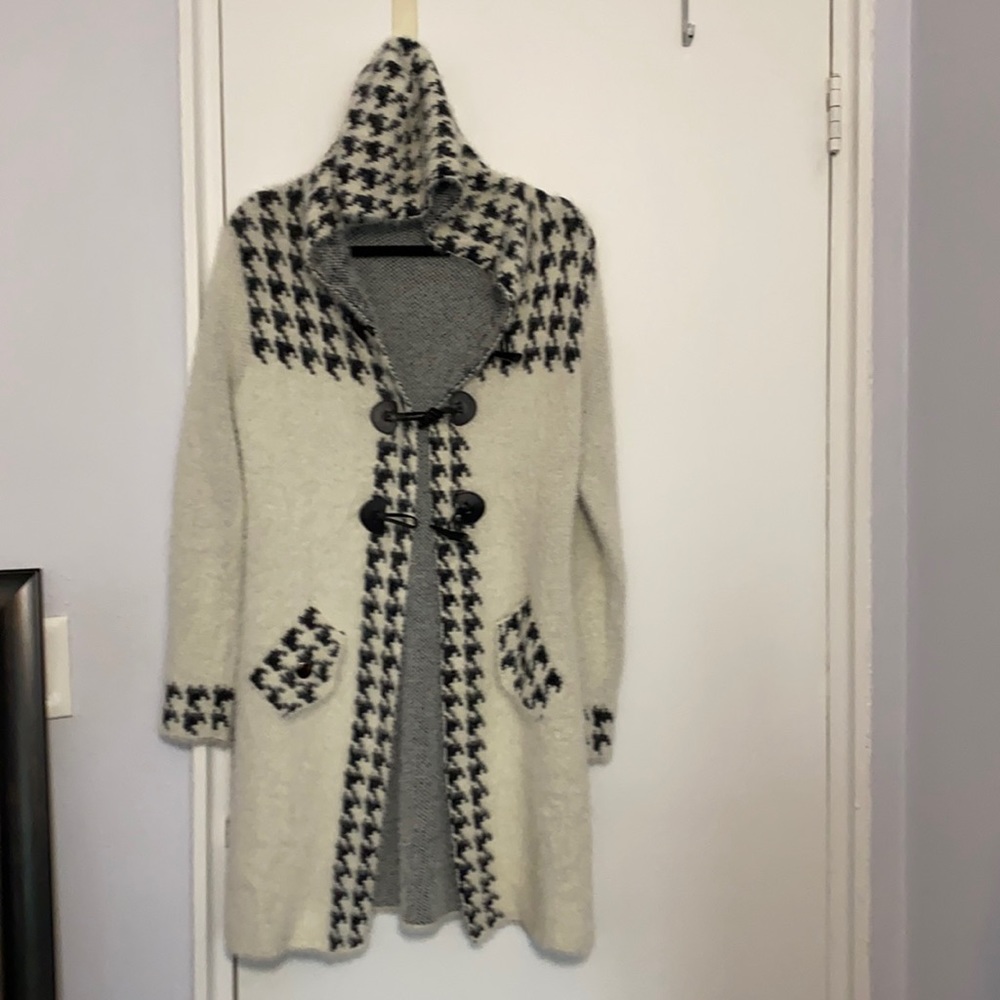 Long, warm, hooded, cream and grey colored cardigan